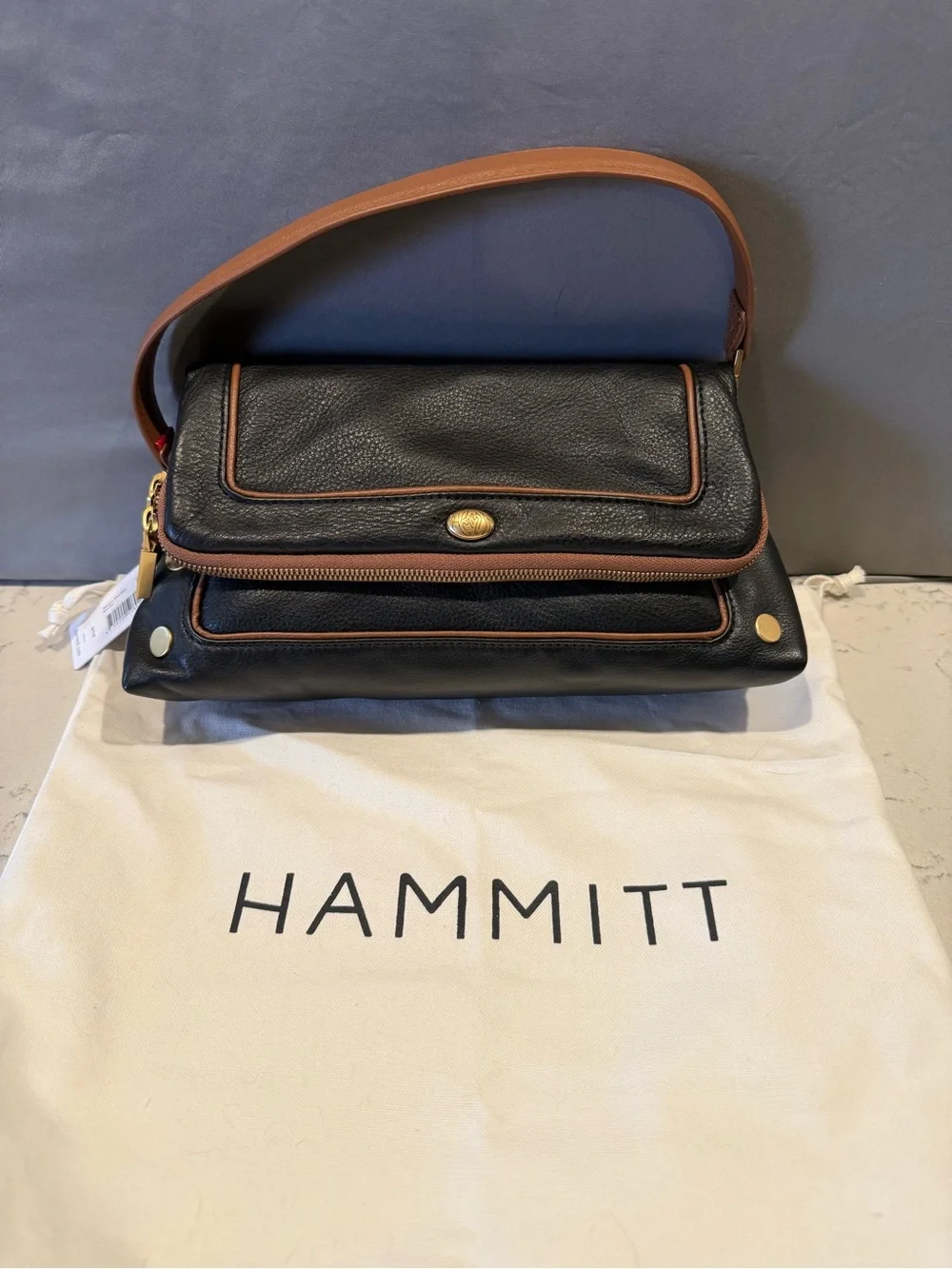 Hammitt Black Leather Messenger Bag with Brown Trim